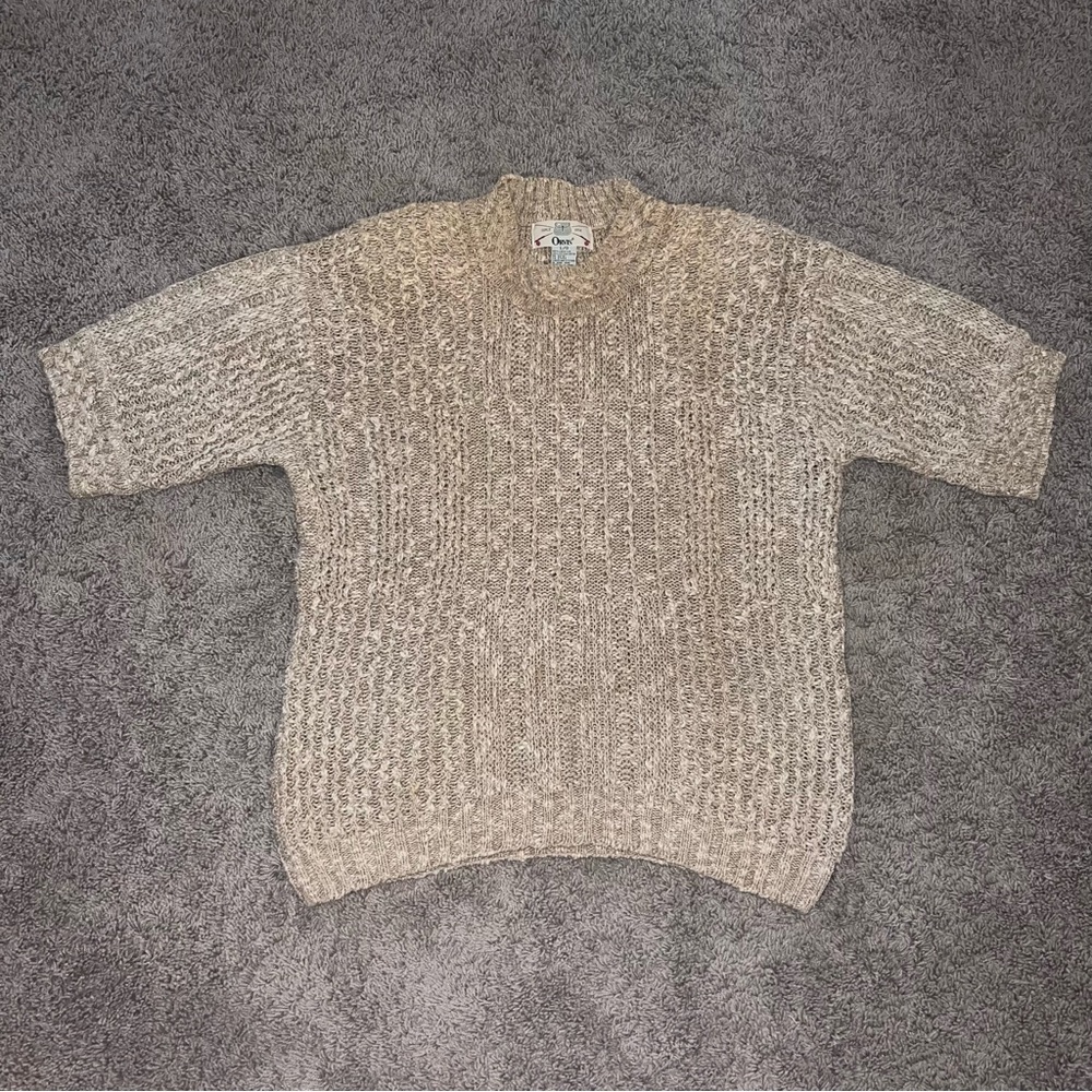 VTG Orvis Sweater Womens Large Tan Brown Pullover Long Sleeve Crew Shoulder Pads